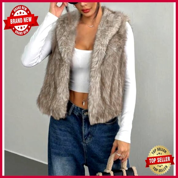 Faux Fur Vest Sleeveless Open Front Cardigan Slim Fit Winter Coat - Picture 2 of 5